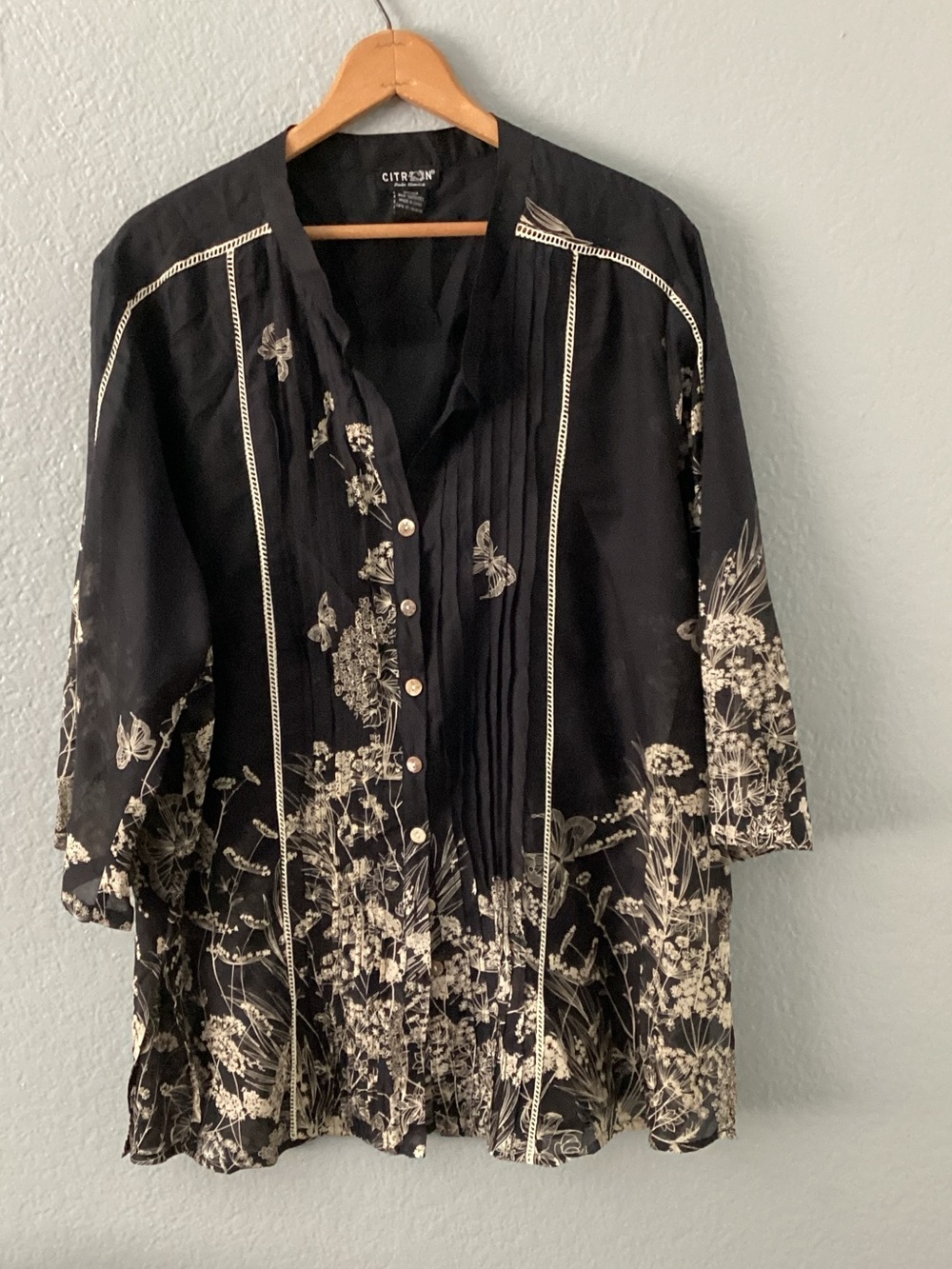 Citron Silk Blend Floral Button-Front Tunic